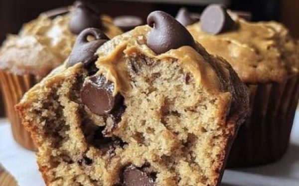 Healthy Greek Yogurt Peanut Butter Muffins with Chocolate Chips and Soft Centers