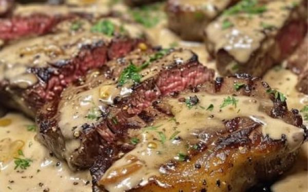Steak with Bourbon Garlic Cream Sauce